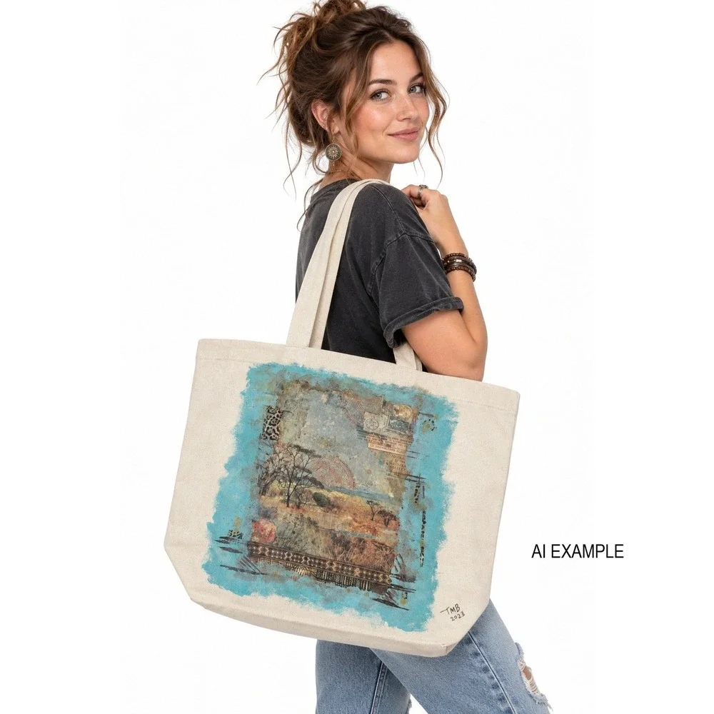Decoupage Canvas Tote Bag African Savanna Wildlife Elephant Giraffe Boho Art